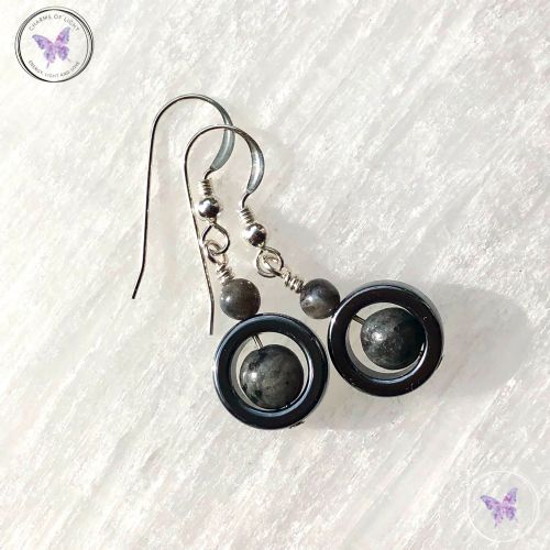 Larvikite & Hematite Circle Earrings